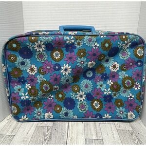 Vintage 60s 70s Mod Floral Suitcase Japan Blue Purple Psychedelic Flower Power